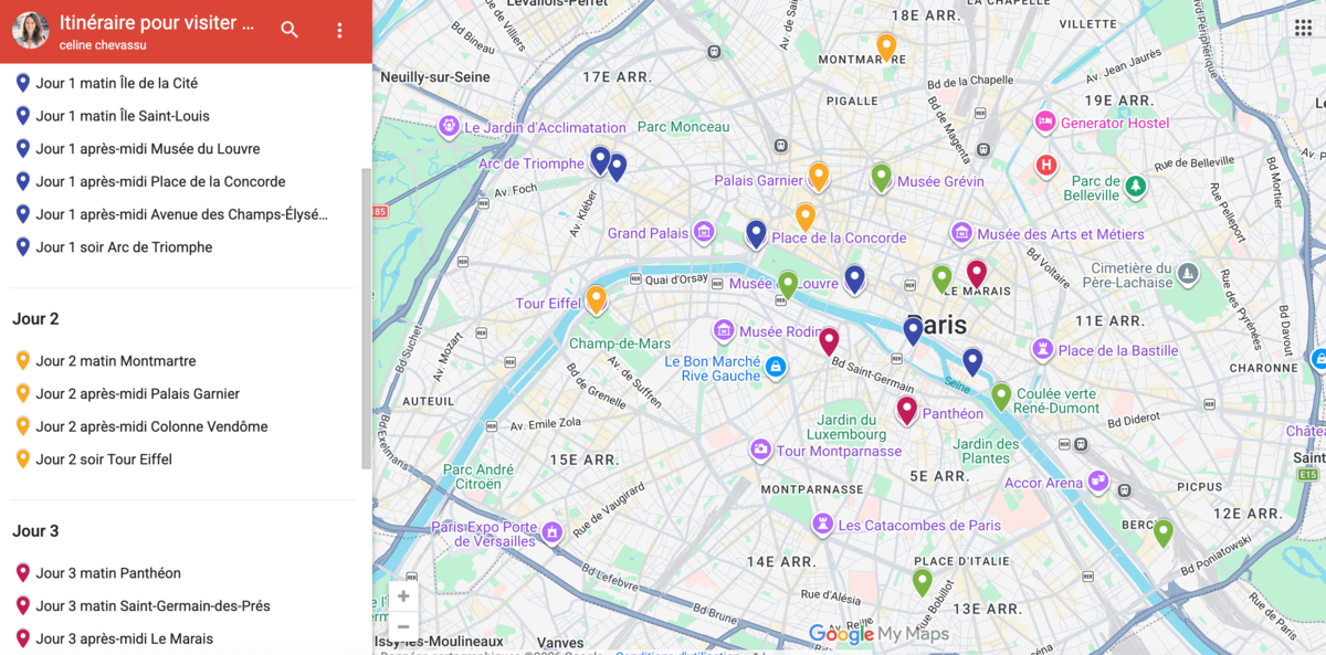 Carte de l’itinéraire pour visiter Paris en 2, 3 ou 4 jours avec Montmartre, le Louvre, la Tour Eiffel, les îles, les Champs Elysées, le Quartier latin et le Marais