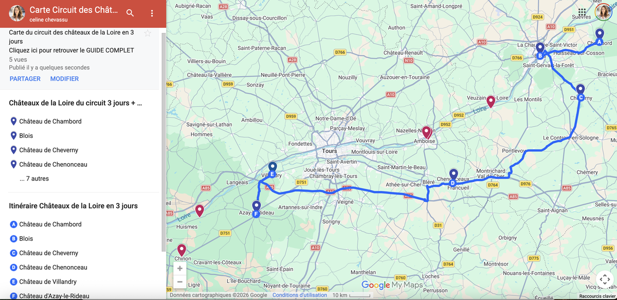 Carte du circuit des châteaux de la Loire en 3 jours avec Blois, Chambord, Cheverny, Chenonceau, Villandry et Azay-le-Rideau